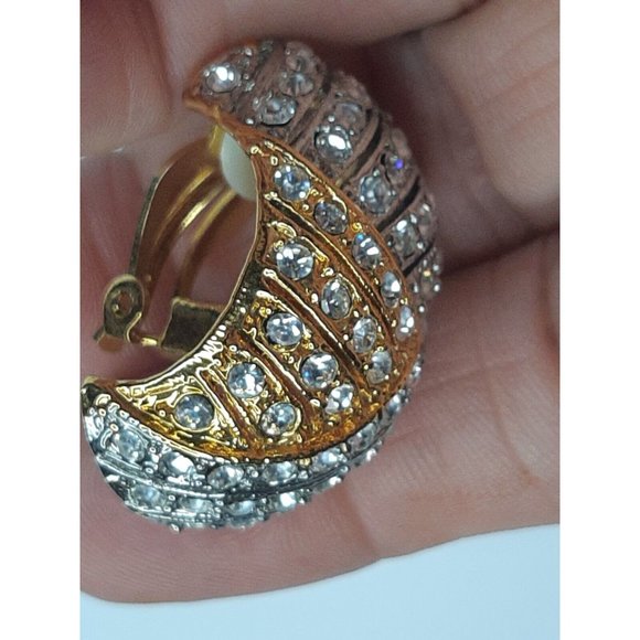 Vintage Earrings Clip On Glamour Rhinestone Heavy Unsigned Gold And Silver Toned - Picture 4 of 8
